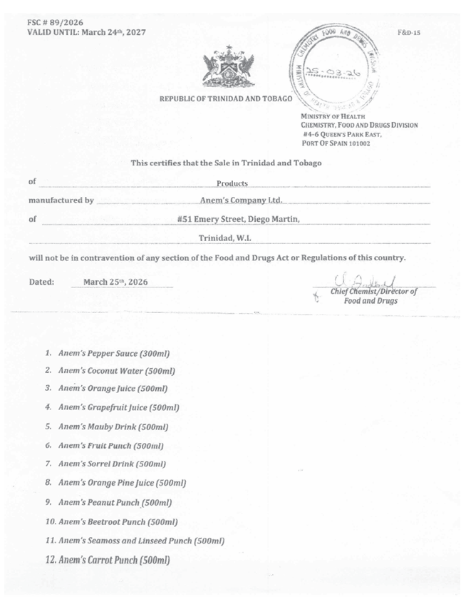 Anem's Company Limited certificate